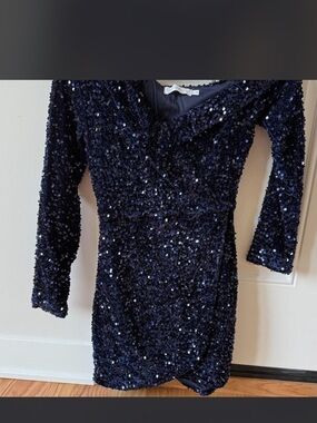 All in Favor Navy Sequin Long Sleeve Wrap Dress